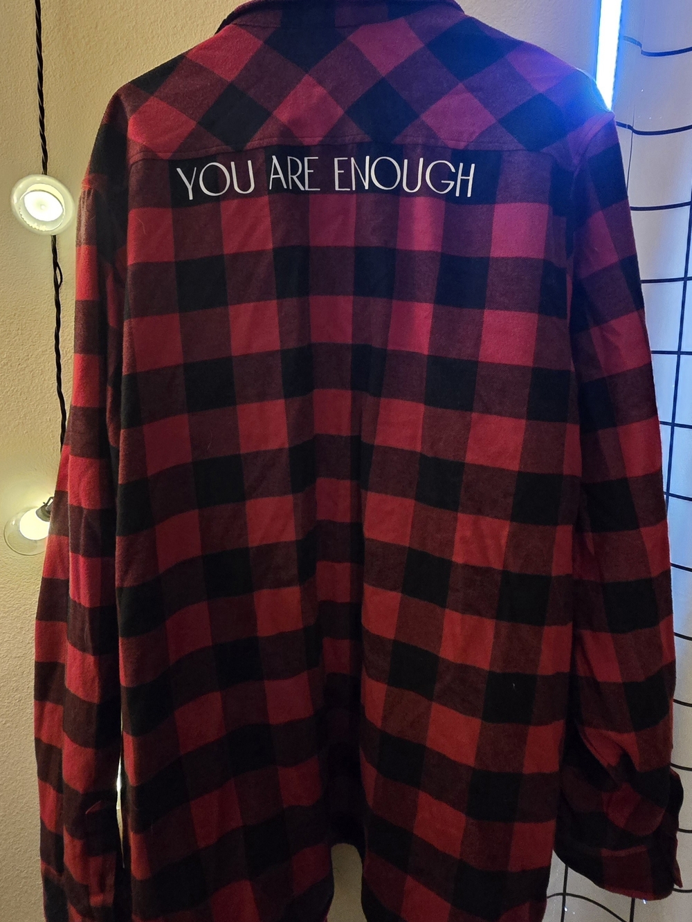 Red & Black Plaid Unisex Shirt Jacket with 'YOU ARE ENOUGH' Detail